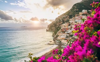 Картинка цветы, town, flowers, домики, pink, город, coast, Italy, sea, Италия, побережье