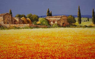 Картинка картина, дом, цветы, деревья, поле, пейзаж, небо, Италия, Тоскана