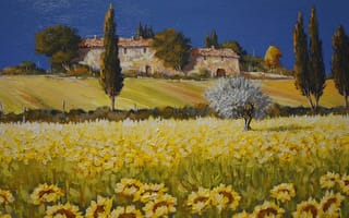 Картинка картина, дом, небо, Тоскана, Италия, поле, пейзаж, цветы, подсолнух, деревья