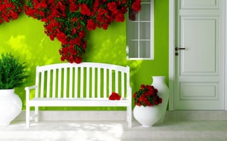 Картинка дверь, цветы, лавочка, вазы, красные розы, окно