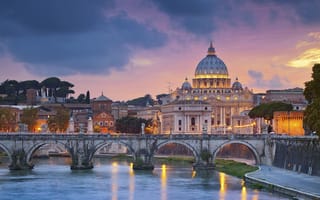 Картинка Рим, пейзаж, вечер, небо, Италия, река Тибр, дома, мост, собор Святого Петра, облака