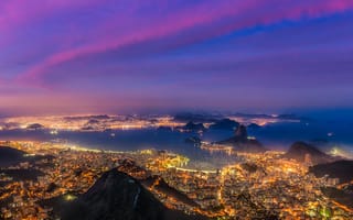 Картинка Brazil, sunset, Рио-де-Жанейро, залив, ships, boats, lights, закат, bay, Бразилия, огни, Pão de Açúcar, лодки, Rio de Janeiro, корабли
