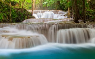 Картинка лес, пейзаж, скалы, summer, водопад, река, forest, тропический