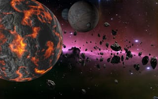 Картинка астероид, вселенная, планета, спутник, свет