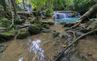 Картинка лес, пейзаж, summer, скалы, тропический, река, водопад, forest