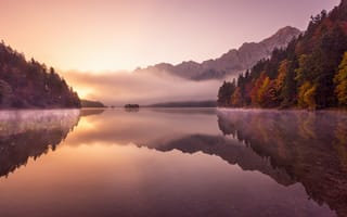 Обои Германия, Альпы, осень, озеро, туман, утро