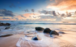 Картинка песок, море, summer, пляж, лето, закат, sand, sea, небо, берег, seascape, sunset, beautiful, beach