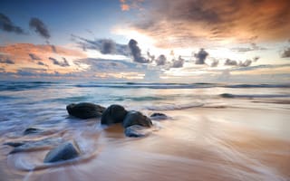 Картинка песок, море, sunset, лето, beautiful, небо, берег, пляж, summer, beach, закат, sea, sand, seascape