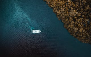 Картинка море, вода, деревья, яхта, вид сверху, берег, сверху, речка