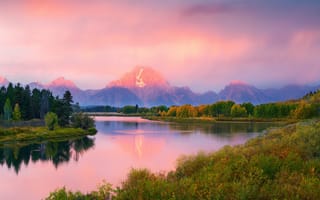 Картинка США, горы, лес, утро, штата Вайоминг, река, Oxbow Bend, Гранд-Титон национальный парк, осень, Сентябрь
