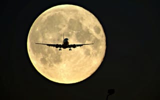Обои самолёт, ночь, силуэт, луна