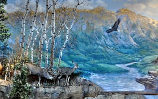 Картинка картина, птица, природа, пейзаж, горы, олень, река