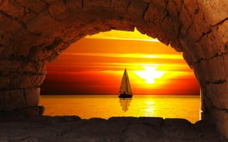 Картинка парус, солнце, море, арка