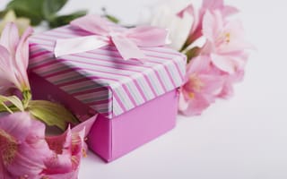 Картинка цветы, pink, лента, gift, flowers, lily, подарок, розовые, romantic, лилии