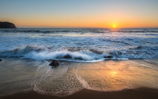 Обои песок, море, sunset, blue, берег, sand, лето, пляж, seascape, sea, волны, beach, небо, wave, закат, summer