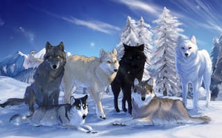Картинка волки, деревья, природа, снег, небо, рисунки, зима, горы