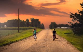 Картинка девочка, дорога, велосипеды, мальчик