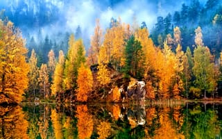 Обои горы, озеро, лес, осень