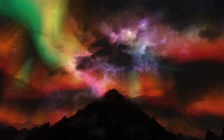Картинка Aurora Borealis, ночь, звезды, северное сияние, рендеринг