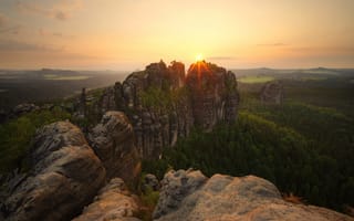 Картинка лес, лето, лучи, закат, пейзаж, свет, солнце, небо