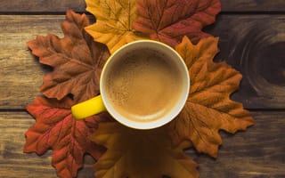 Картинка осень, дерево, кофе, autumn, leaves, листья, coffee, cup, чашка, maple, colorful, wood