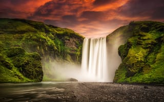 Картинка Iceland, горы, река, Скогафосс, Skogafoss, природа, водопад, закат, Исландия, небо