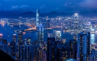 Картинка Китай, освещение, залив, ночь, небоскребы, синее, панорама, Braemar Hill, небо, Victoria Harbour, Гонконг