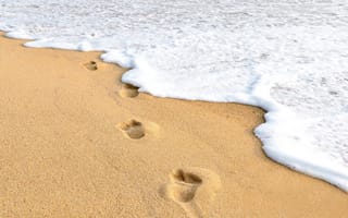 Обои песок, море, sea, seascape, волны, summer, sand, лето, берег, beach, следы, footprints, пляж, wave