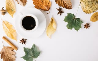 Картинка осень, чашка, autumn, maple, листья, colorful, leaves, дерево, кофе, coffee, cup, wood
