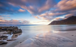 Картинка песок, море, пейзаж, природа, небо, пляж, горы, облака