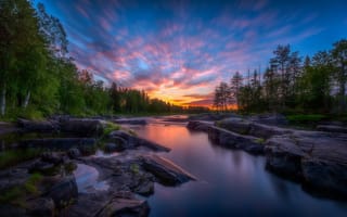 Картинка лес, речка, закат, Финляндия