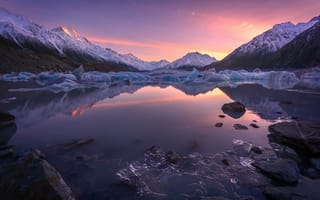 Картинка лед, зима, закат, пейзаж, свет, снег, горы, облака