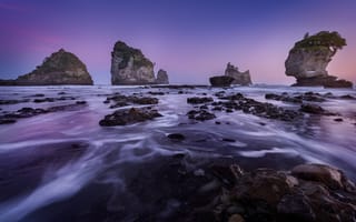 Картинка море, фиолетовый, небо, камни, берег, пейзаж, природа, скалы