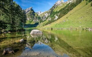 Картинка деревья, камень, горы, отражение, Альпы, Швейцария, озеро