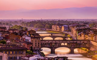 Картинка Флоренция, река Арно, Италия, мост, небо, вид с площади Микеланджело, дома, пейзаж, горы