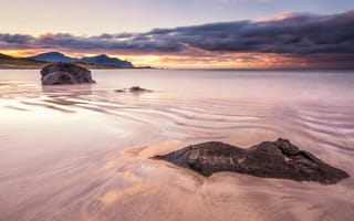 Картинка песок, море, небо, волны, закат, облака, пляж, пейзаж