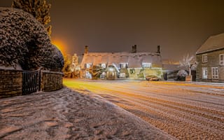 Картинка Англия, деревня, Соединенное Королевство, Marholm, снег, зима, графство Кембриджшир, огни, ночь
