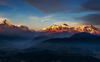 Картинка панорама, тибет, рассвет, долина, горы