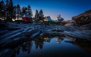 Картинка вода, Pemaquid Point Lighthouse, Bristol, отражение, Maine, маяк, деревья, Бристоль, скалы, Мэн