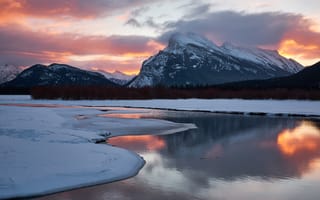 Картинка лед, зима, линии, небо, облака, лес, закат, снег