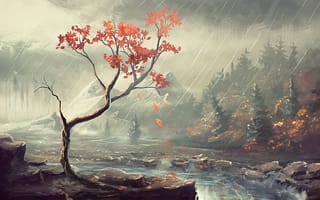 Обои осень, арт, берег, река, дождь, деревья, лес