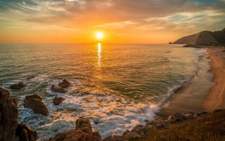 Картинка море, волны, закат, пляж, свет, пена, солнце, небо