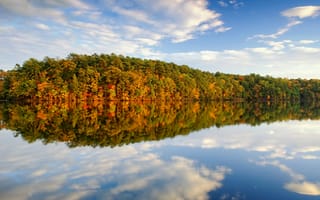 Картинка осень, отражение, деревья, облака, озеро