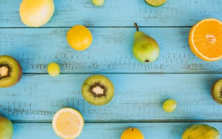 Картинка лимон, апельсин, голубой, grape, fruits, киви, фрукты, wood