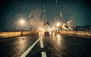 Картинка Франция, город, блики, мокрый снег, свет, зима, Париж, Январь, мост