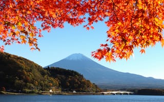 Картинка Япония, мост, осень, гора Фудзияма, небо, листья, деревья, озеро