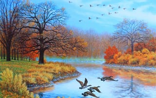 Картинка картина, осень, река, пейзаж, деревья, птицы, утки