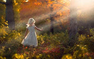 Картинка девочка, осень, лес, природа, одуванчик