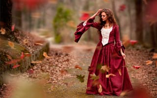 Картинка девушка, листья, стиль, осень, платье, ветер