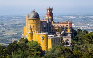 Картинка Португалия, долина, гора, дворец Пена, башня, небо, замок, купол